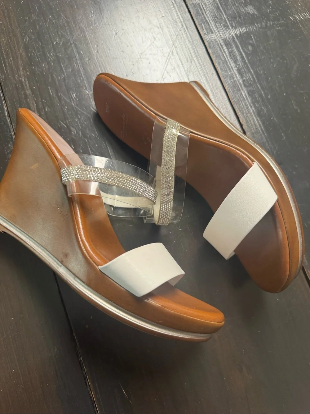 Clear Rhinestone and White Strap Brown Wedge Sandals
